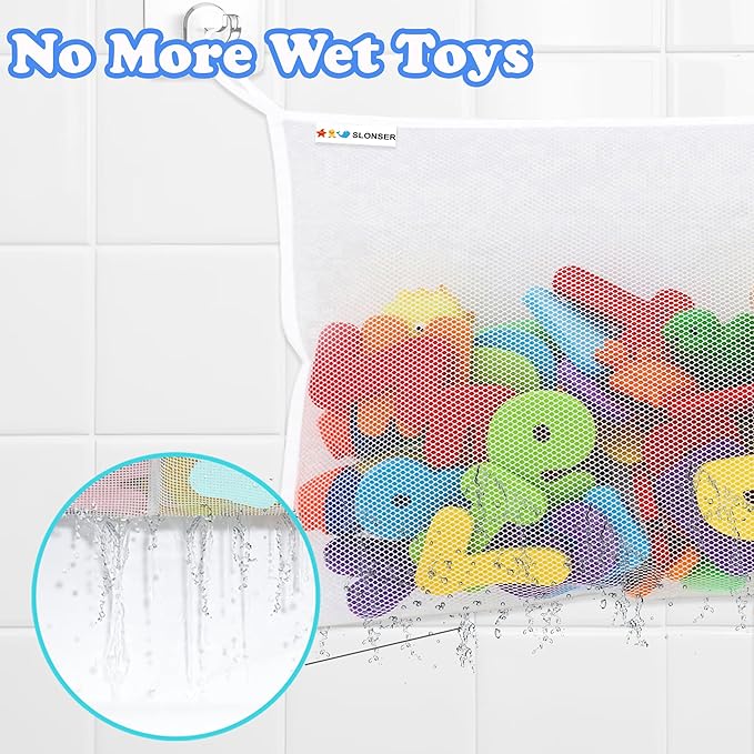 Bath Toy Net 18x16 Inch Kids Bath Tub Toy Holder, Corner Mesh Bag, Baby Bathtub Storage Organizer, Large Bathroom Bucket Bin, Toddler Shower Caddy Hanging Basket, 2 Suction Cups 2 Adhesive Wall Hooks