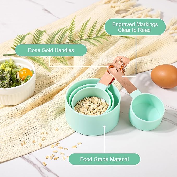 8-Piece Stackable Rose Gold Stainless Steel Handled Measuring Cups and Spoons for Measuring Dry and Liquid Ingredients (green)