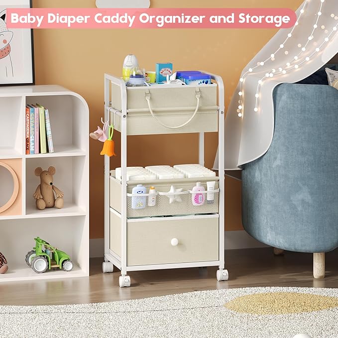 Cidaziya 2In1 Baby Diaper Caddy Organizer and Storage, 3 Tier Rolling Cart with Drawer, Detachable Dividers, Mobile Utility Cart Baby Dresser Clothes Organizer for Baby Essentials, Bedroom, Nursery