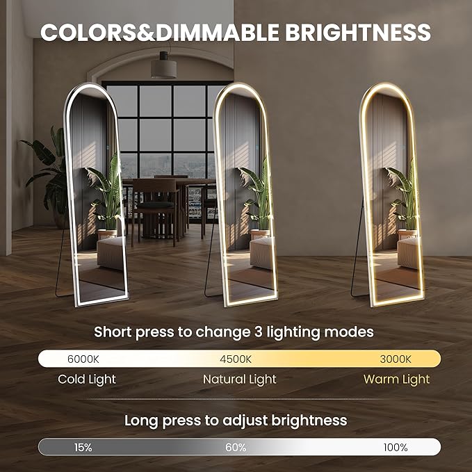NEWBULIG 60"x16" Arched Full Length Mirror with Light, 3 Color Lighting Full Body Floor Mirror with Aluminum Alloy Thin Frame, Wall or Standing Mirror for Bedroom, Living Room, Dressing Room, White