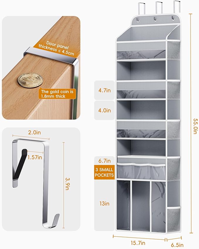 OneDream Over the Door Organizer for Nursery, 5-Tier Baby Clothes Organizer with Removable Storage Caddy, Hanging Behind Door Storage with Clear Pockets and Side Mesh Compartments, Grey