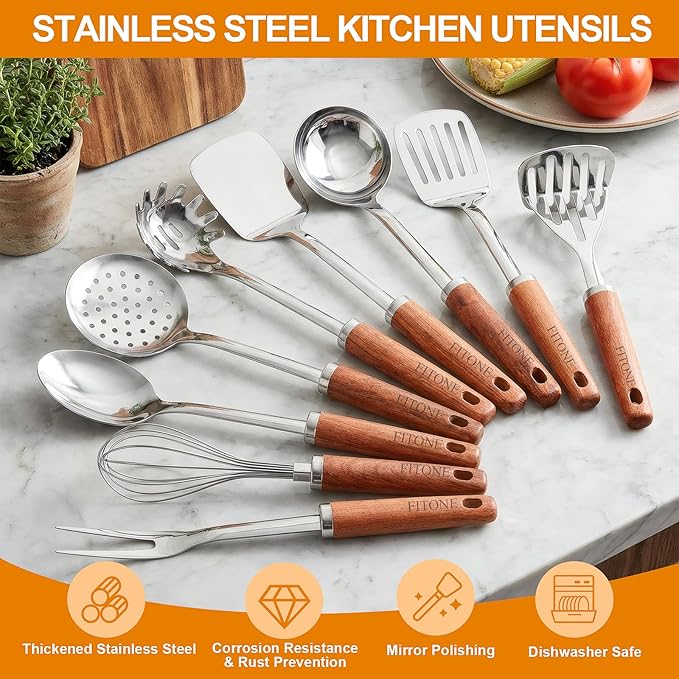 9PCS Stainless Steel Kitchen Utensils Set, Heavy Duty Wooden Handle Cooking Utensils, Metal Cookware Utensils with Spatula, Ladle, Skimmer, Spaghetti Spoon and Potato Masher, Easy to Clean