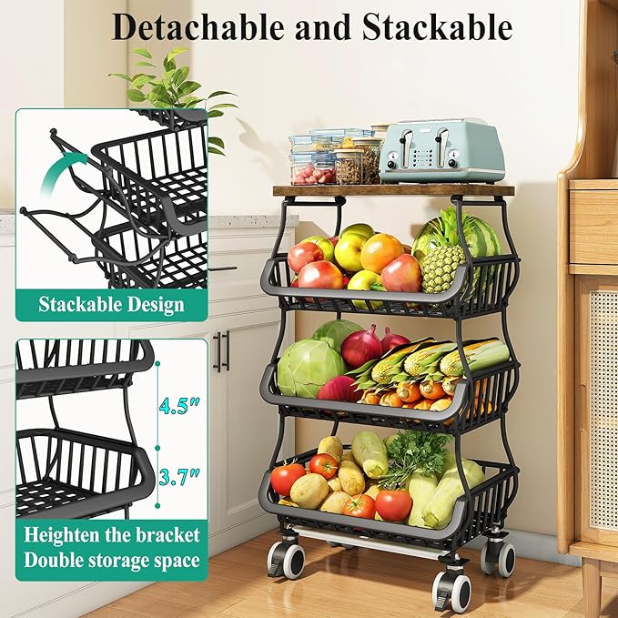 SAYZH Fruit Basket Kitchen Pantry Organizers and Storage - Wooden Top Table, Stackable Metal Wire Basket Stand Cart for Fruit Vegetable Snacks Onion Potato Organization (Black, 4 Tiers)