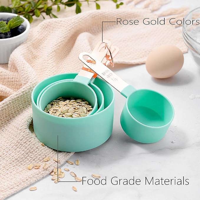 Rose Gold Stainless Steel Handle Measuring Cups and Spoons Set, 8 Piece Stackable Accurate Tablespoon for Measuring Dry and Liquid Ingredients Small Teaspoon with Plastic Head (Green)