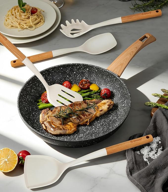 Large Silicone Cooking Utensils Set, 10Pcs Nonstick Kitchen Utensil Set with Wooden Handle, Heat Resistant Silicone Utensils for Cooking, BPA Free Spatula Set with Turners Spoon Ladle Skimmer(White)