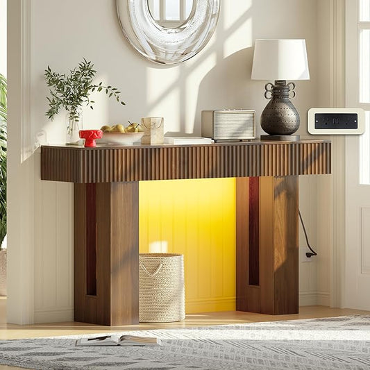 60-Inch Long Entryway Table with Built-in Power Outlet and App & Button-Controlled RGB Light, Thick Wood Farmhouse Console Table for Behind Sofa, Narrow Hallway, Living Room, Foyer, Entrance, Walnut