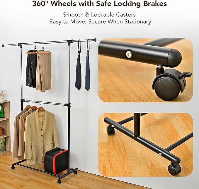 Displays By Jack Double Rail Clothes Rack, Adjustable Rolling Garment Rack on Wheels – Extendable Hanging Rods & Bottom Shelf for Bedroom, Laundry Room, Dorm, Retail