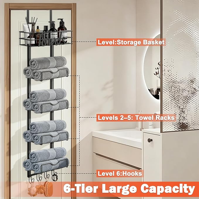 Over The Door Towel Racks, No Drill Towel Storage with Basket & Hooks, Space-Saving Multi-Functional Towel Holder for Bathrooms, bedrooms, Apartments, RVs (Matte Black, 6 Tier)