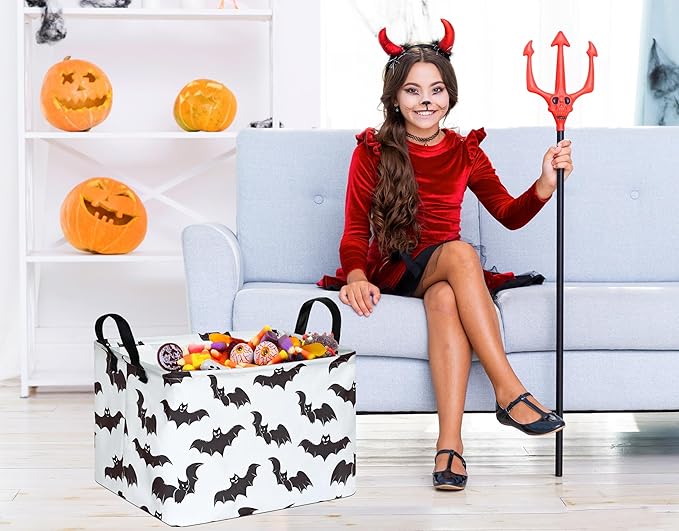 Halloween Bat Storage Basket with Handles Open Gifts&Candy Spooky Basket stuffers for Kids Baby Collapsible Women Organizer Bins Toys Boxes for Shelves Home Office