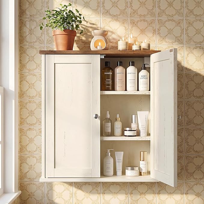 VASAGLE Siren Collection - Bathroom Wall Cabinet, Hanging Bathroom Storage Cabinet, for Medicines, Farmhouse, 2 Adjustable Shelves, 7.9 x 22 x 23.6 Inches, Rustic White and Honey Brown UBBK330WJ01S