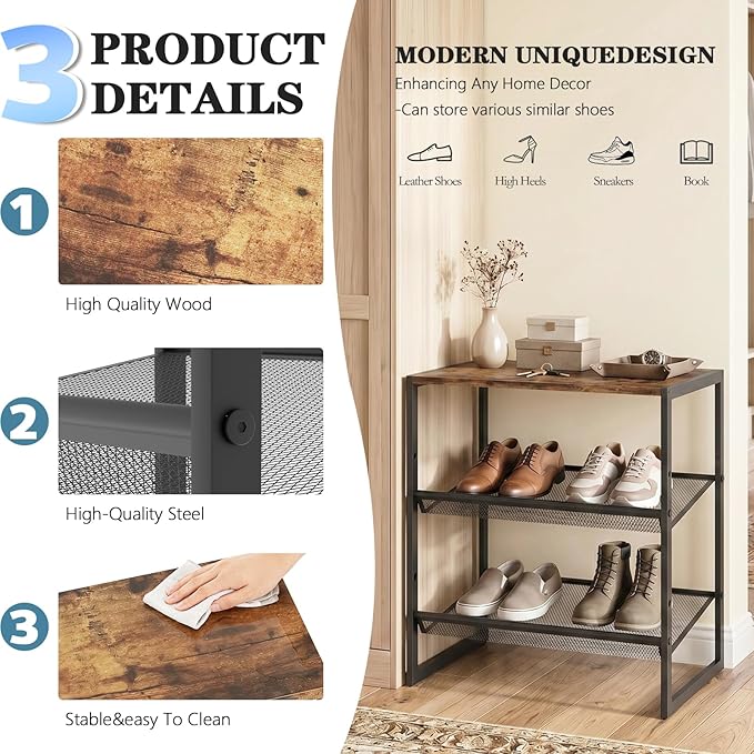 Shoe Rack，3 Tier Shoe Storage Organizer，Sturdy Shoe Shelf,Boot Rack with a Fine Mesh Shelves，for Entryway, Living Room, Hallway，Small Space,11.8 x 16.5 x 19.7 Inches,Brown