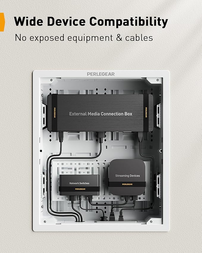 Perlegear 17″ in-Wall Media Box, Electrical Box, Recessed Outlet Box and Media Enclosure for One Connect Box & Network Switches, Cable Management Kit with Cutting Template, Dust Bag & Drywall Saw