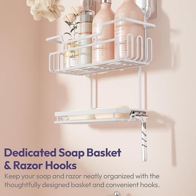 SWTYMIKI Bathroom Shower Caddy Hanging - 3 Tier Rustproof Over Shower Head Organizer, No Drilling Bathroom Shelf with 16 Hooks & Soap Holder, Anti-Swing Rack for Shampoo,Sponge,Towel, White, Medium