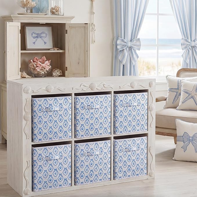 Geelin 6 Pcs Blue Bow Seashell Storage Bins 11 Inch Blue Storage Basket with Handle, Preppy Girls Organizer Basket, Collapsible Fabric Box for Classroom Bedrooms Office Home Decoration Gift