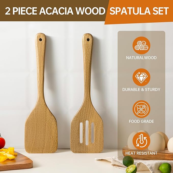Wooden Utensil Set 2 Pcs - Natural Non-Toxic Acacia Wooden Spoons for Cooking, Nonstick, Sturdy, Easy to Clean, Wood Kitchen Utensils Set, Ideal for Gifting