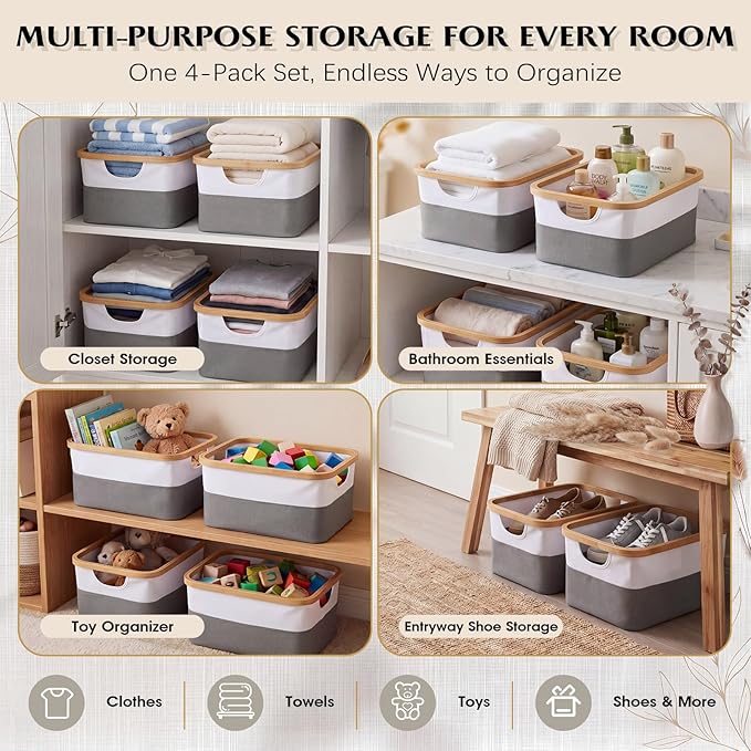Hushee 4 Pack Bamboo Fabric Storage Bins for Shelves, 15"x10"x7.9" Collapsible Storage Baskets for Organizing, Two-Tone Foldable Bins for Clothes, Towels, Linens(White with Grey)