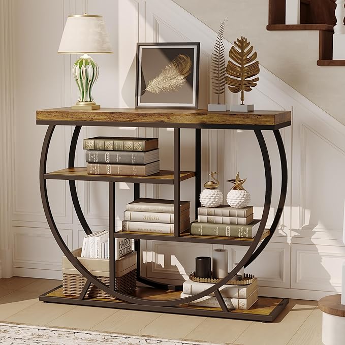 Garvee Entryway Table with Storage, Industrial 4-Tier Narrow Console Table Behind Couch with Half-Circle Base & Storage Shelves for Living Room, Hallway, Foyer