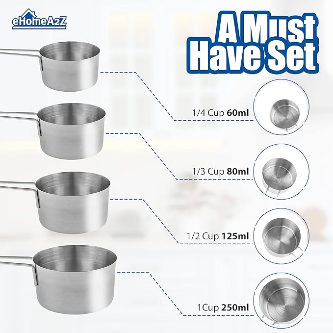 Stainless Steel Measuring Cups Set 4Pc Metal Culinary Couture For Dry Liquid Kitchen Gadgets (1, 4-Piece Set)