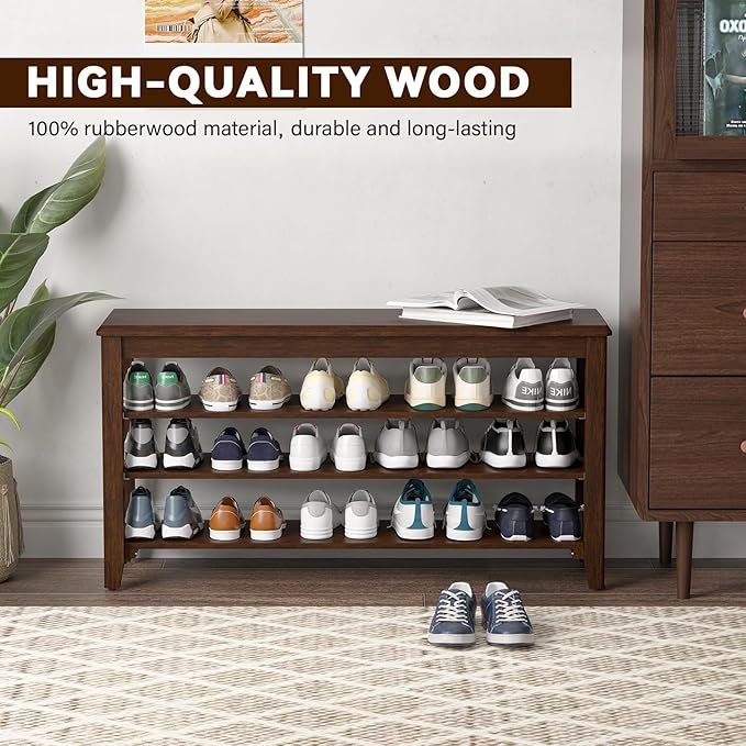 Taitiy Shoe Rack Bench with Rubberwood Flat Top and 3 Adjustable Shelves – Wooden Shoe Rack for Entryway, Hallway, Mudroom, Front Door, or Small Spaces