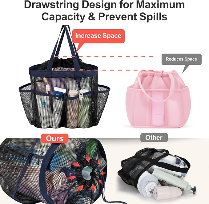 F-color Mesh Shower Caddy Portable with Drawstring - Large 8 Pockets Dorm Room Essentials for Guys Girls with S Hook, Shower Bag Basket Tote for College Camping Gym Travel Toiletry Bathroom, Dark Blue