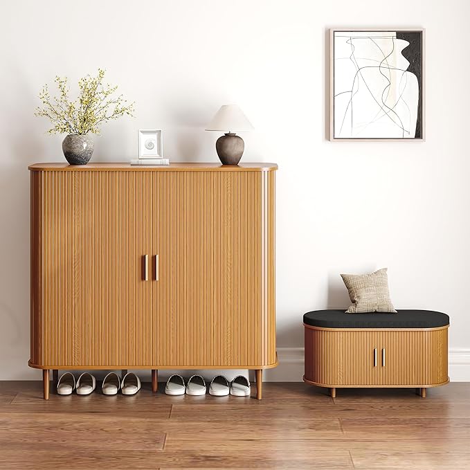 DHH Shoe Storage Cabinet with Sliding Door, 6-Tier Shoe Cabinet with Adjustable Shelves, Mid-Century Modern Freestanding Shoe Storage Organizer for Entryway, Hallway, Living Room (Wood, 47 ")