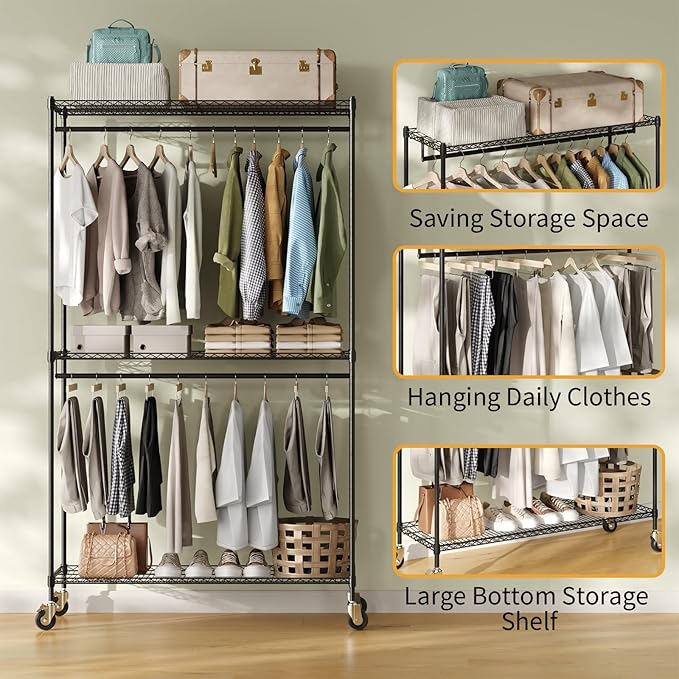 Heavy Duty Rolling Garment Rack, 3 Tier Adjustable Wire Shelving Clothing Racks with Adjustable Shelves and Double Rods for Hanging Clothes, Black Metal Freestanding Closet Organizer