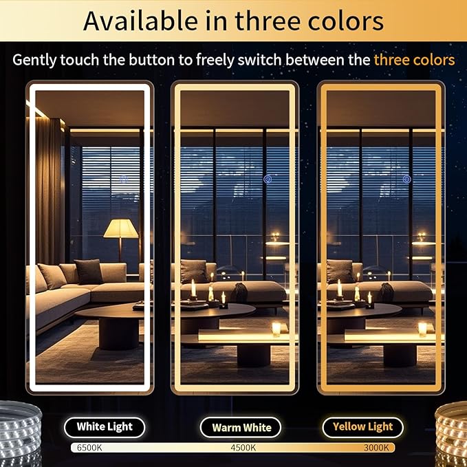 64"x21" LED Full Length Mirror – Standing Floor Mirror with Dimmable Lights 3 Color Modes – Adjustable Brightness, Wall-Mount or Lean for Barber, Fitness Center, Dressing Room, Vanity