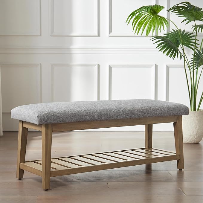 Zihanhome Entryway Bench, Chenille Upholstered Shoe Benches for Bedroom, Ottoman Benches with Solid Wood Shelf, Storage Bench for Hallway, Living Room(Grey)