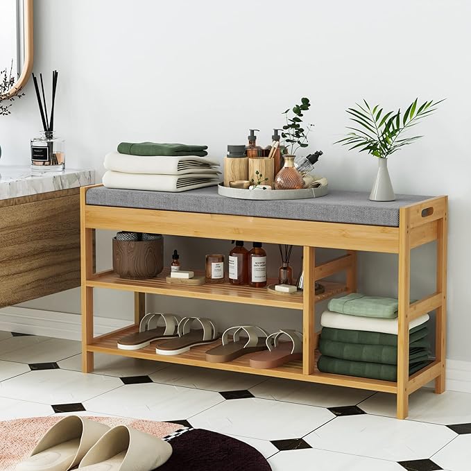 HIFIT 2-Tier Entryway Shoe Rack Bench with Storage, 36 in Bamboo Storage Bench with Padded Seat, Shoe Oiganizer Shelf for Entryway Mudroom Bathroom Hallway, Natural