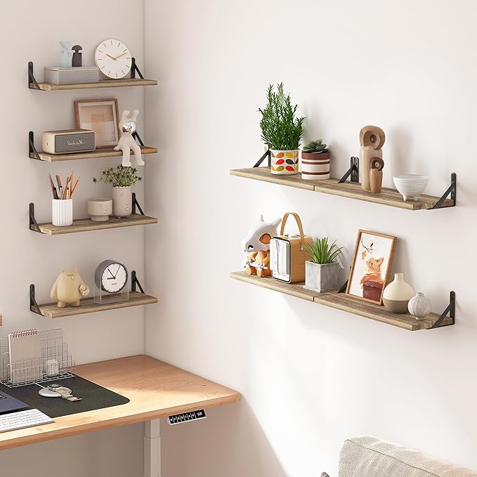 Fixwal Shelves for Room Wall, Width 4.75in Rustic Wood Wall Storage, Floating Shelves for Bedroom, Living Room, Kitchen, Bathroom, Office Decor and Plants Display (Set of 8 Carbonized Black)
