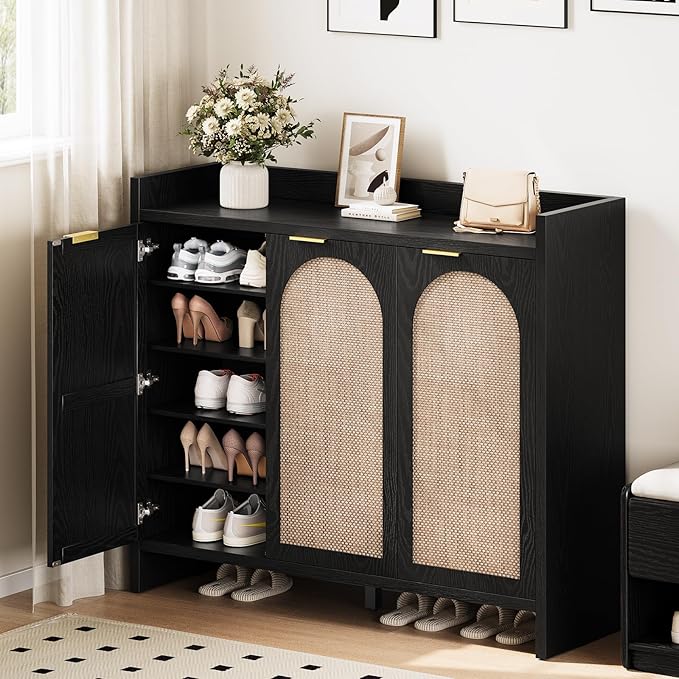 Shoe Cabinet Storage for Entryway - Rattan Accent Cabinet with 3 Doors & Adjustable Shelves, 6-Tier Large Wood Shoes Cabinets with Organizer Rack for Entry Way, Hallway, Living Room, Black