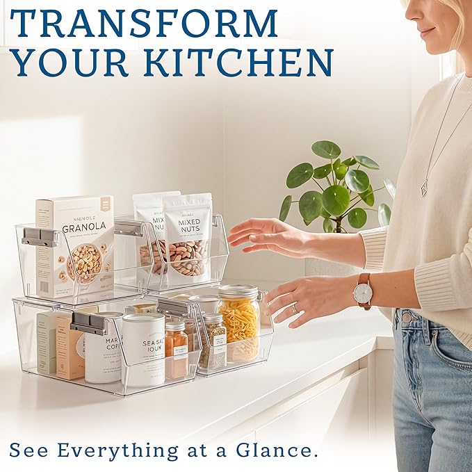 HOMESTEAD Set of 8 Stackable Storage Bins, 4 Large + 4 Small Clear Plastic Organizer Bins, Open Front Design for Kitchen Pantry, Fridge, Cabinet, Bathroom Organization and Bulk Snack Storage