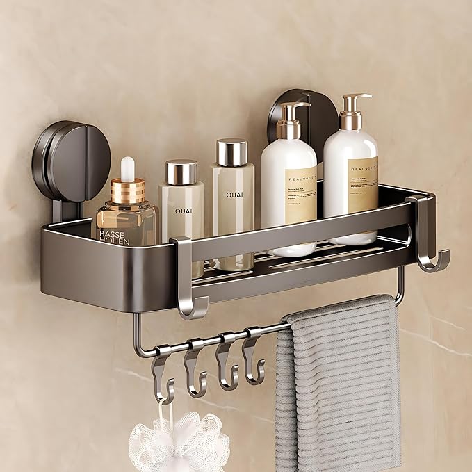 VOLPONE Shower Caddy Suction Cup, Corner Shower Shelves No Drilling, Showers Organizer Storage with Towel Bar & Removable Hooks, Bathroom Shower Shelf Rack for Inside Showers, Square