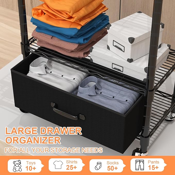 VyGrow Clothes Rack, Clothing Rack for Hanging Clothes, 4 Tiers Adjustable Closet Organizer System with Drawer | Double Rods | Side Hooks | Load 445lbs | 23" L x 13.18" W x 78.74" H | Black