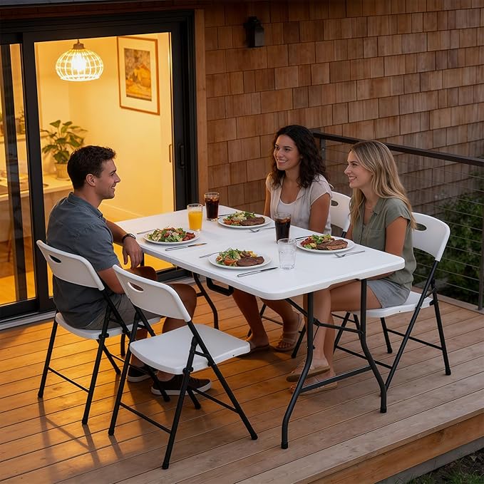 Folding Table 2 Pack, 5FT Folding Table Portable with Built-in Handle, Heavy Duty Plastic Table with Steel Legs Supports to 300lbs, Suitable for Party, Camping, Events Indoor&Outdoor Use, White