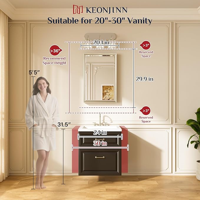 Keonjinn 20" x 30" Gold Bathroom Mirrors for Over Sink, Decorative Aluminum Alloy Frame, Beveled Tempered Glass, Shatterproof, Rectangle Transitional Gold Vanity Mirror for Wall(Vertical/Horizontal)