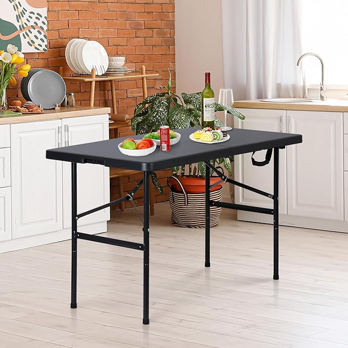 Folding Event Table, Heavy Duty Picnic Table Indoor Outdoor Camping, 4FT Portable w Handle Lock for Banquet, Black