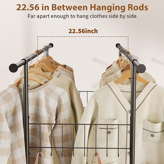 Double Rods Clothes Rack with Wheels, Heavy Duty Rolling Clothing Rack with Shelves and Side Hooks for Hanging Clothes Max Load 550 lbs, Black Metal Adjustable Portable Garment Rack