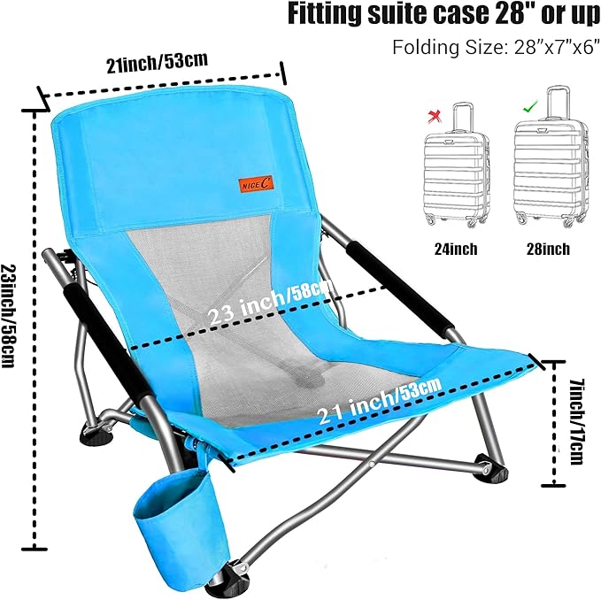 Nice C Low Beach Camping Folding Chair, Compact Backpacking River Sand Chair,Sillas De Playa, with Cup Holder, Carry Bag, Heavy Duty Outdoor, Camping, BBQ, Beach, Travel, Picnic, Festival (1 Blue)