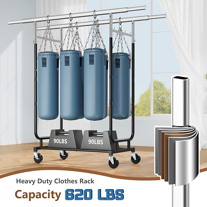 Heavy Duty Rolling Clothes Rack, 620 LBS Load Double Rod Adjustable Garment Rack with Storage Shelves & Lockable Wheels, Portable Clothing Rack for Hanging Clothes for Bedroom, Laundry Living Room