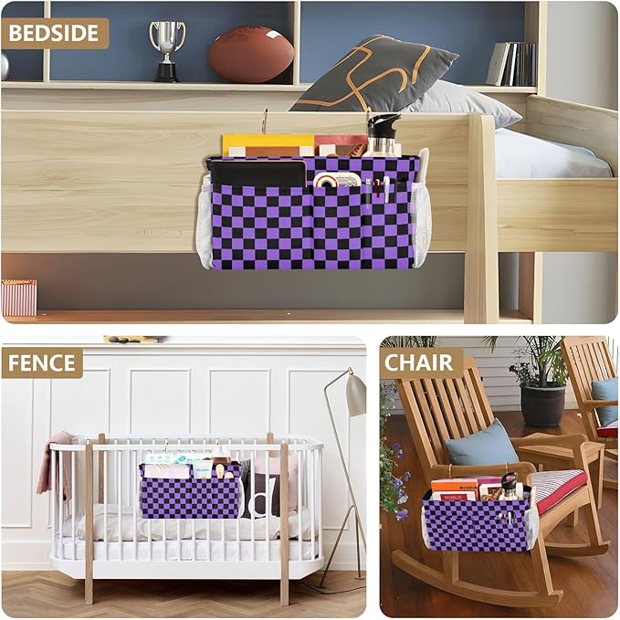 Checkerboard Black Purple Plaid Print Bedside Caddy Storage Bag Bedside Organizer for Bunk Bed Headboards College Organizer Caddy Hanging Shelf 6 Pockets with Hooks for Drinks Magazine Phone Holder