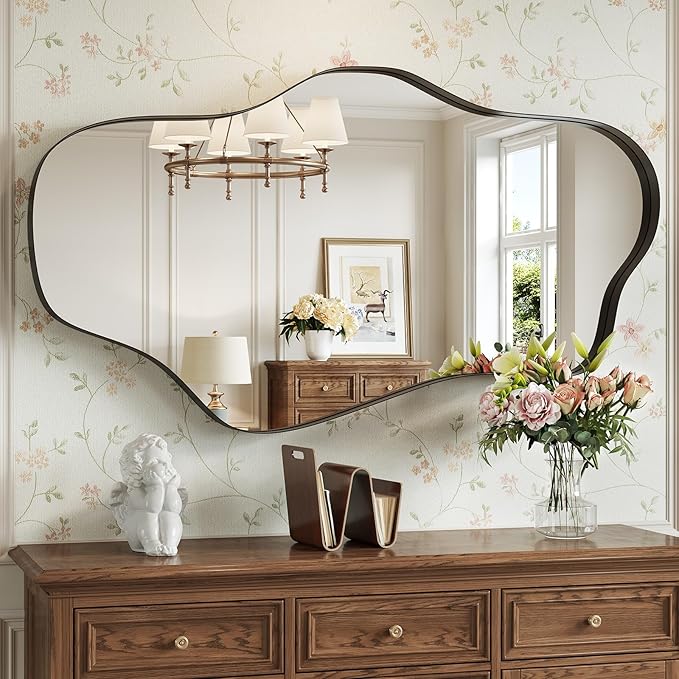 Black Irregular Wall Mirror, 24” x 40” Asymmetrical Wall Mirror with Metal Frame, Black Large Wavy Decorative Mirrors for Bathroom, Entryways, Living Room, Vanity