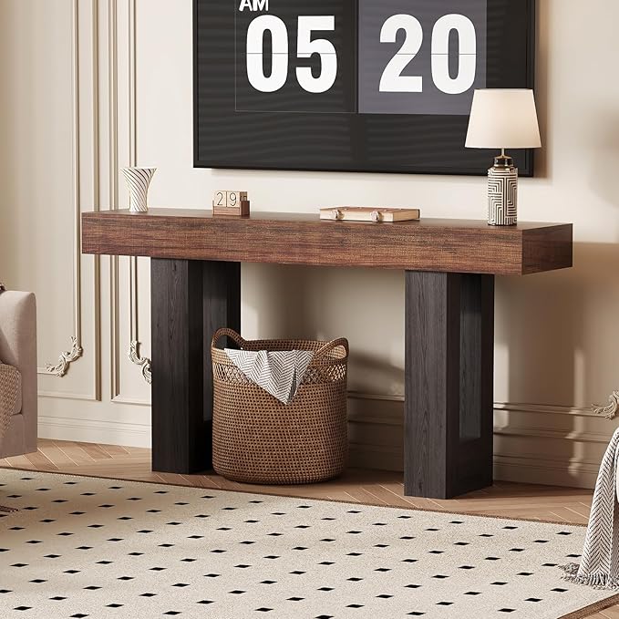 IDEALHOUSE 63" Entryway Table, Wood Console Table with Charging Station, Extra Long Sofa Table, Narrow Hallway Foyer Table for Entryway, Hallway, Living Room, Rustic Brown & Black