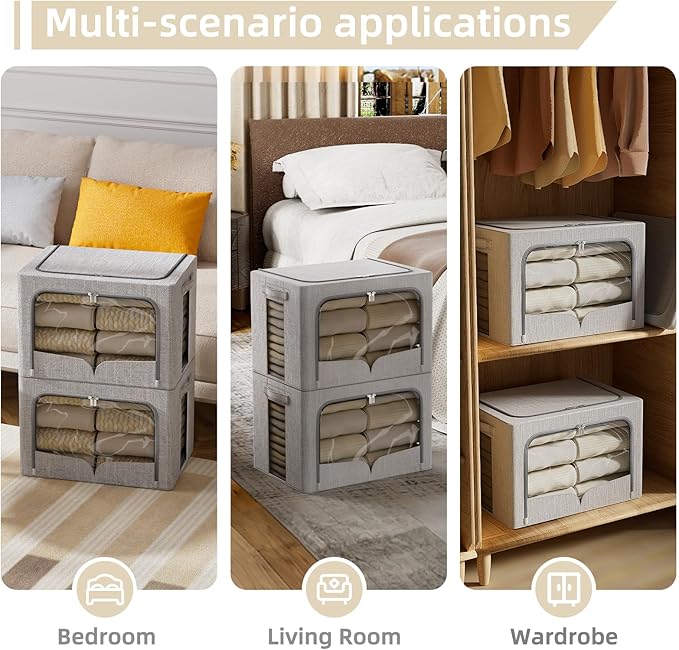 FHSQX 3 Pack Clothes Storage Bins - Foldable Metal Frame Storage Box - Stackable Linen Fabric Container Organizer Set with Carrying Handles and Clear Window (Light Gray, 15.7x11.8x9.8inch(30L))