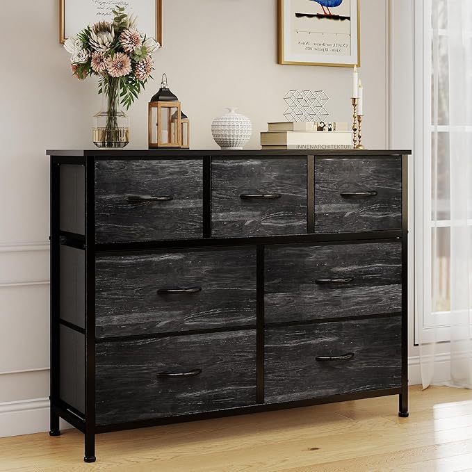OLIXIS 7 Drawers Dresser for Bedroom, Fabric Storage Tower for Living Room, Entryway - Sturdy Steel Frame, Wooden Top and Easy Pull Fabric Bins, Closet Chests Organizer for Clothes,Black Wood Grain