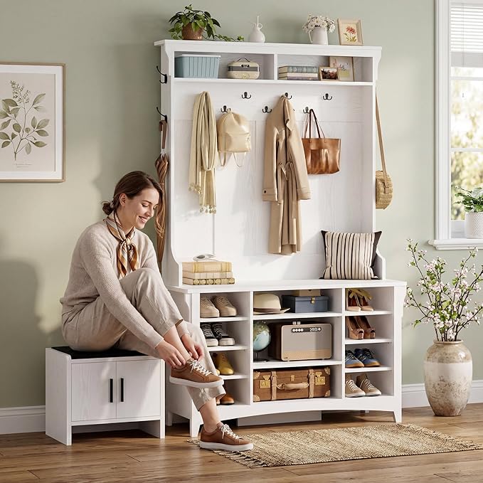 IRONCK Hall Tree with Bench and Shoe Storage, 6-in-1 Entryway Bench with Coat Rack, Adjustable Shelf, Hanging Hooks, 11 Shoe Cubbies, 2-Tier Top Storage, for Entryway, Bedroom, Living Room, White
