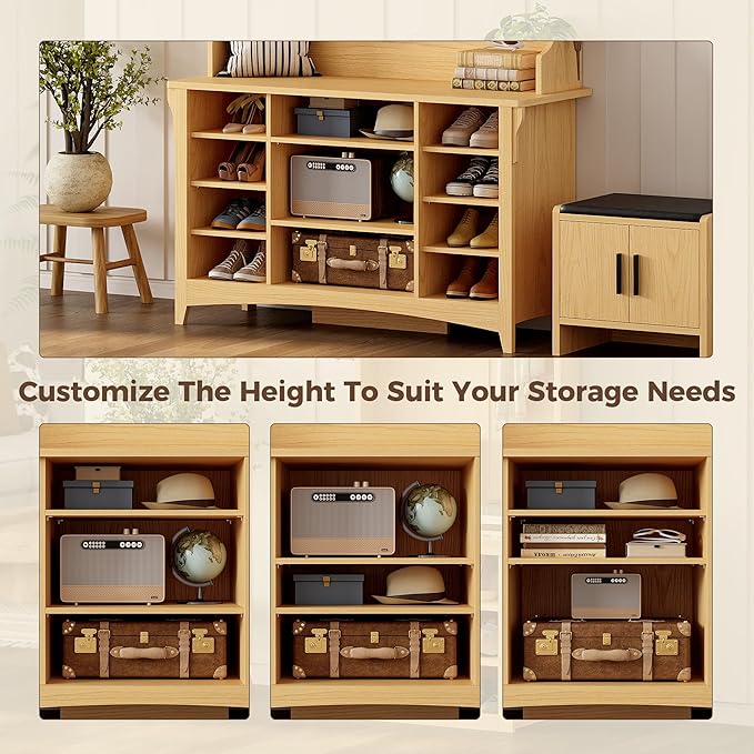 IRONCK 80" H 47" W Large Hall Tree with Bench and Shoe Storage, 6-in-1 Entryway Bench with Coat Rack, Adjustable Shelf, Hanging Hooks, 11 Shoe Cubbies, 2-Tier Top Storage for Entryway and Bedroom, Oak
