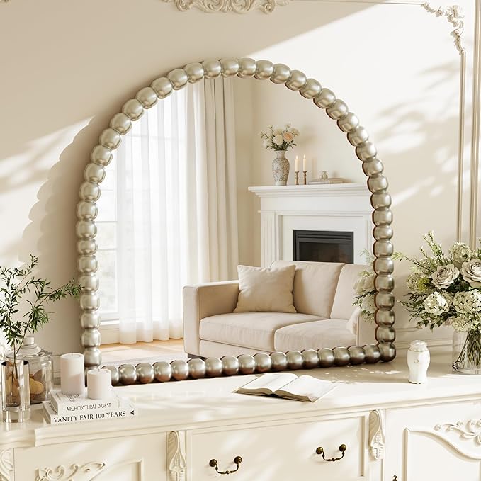 31"×32" Silver Arched Bathroom Vanity Mirror, Vintage Beaded Decorative Wall Mounted Makeup Mirror, as Wall Decor Hanging Leaning for Fireplace Mantle, Living Room, Bedroom, Vanity Area
