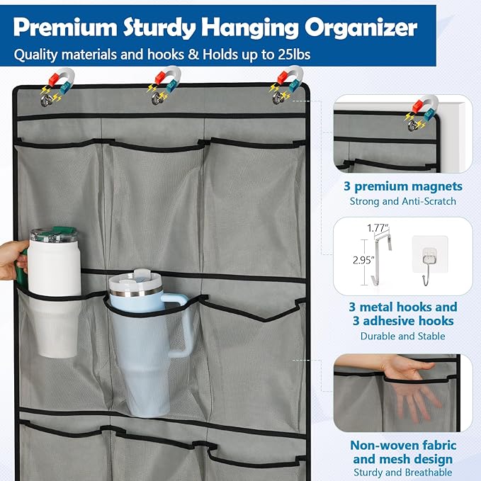 Over The Door Cruise Ship Organizer - Cruise Ship Magnetic Door Organizer with 15 Size-Graded Pockets, Hanging Magnetic Cruise Storage Shoe Rack for Cabin, 2026 Cruise Essential, 9 Hooks(Grey)