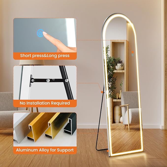 NEWBULIG 60"x16" Arched Full Length Mirror with Light, 3 Color Lighting Full Body Floor Mirror with Aluminum Alloy Thin Frame, Wall or Standing Mirror for Bedroom, Living Room, Dressing Room, White